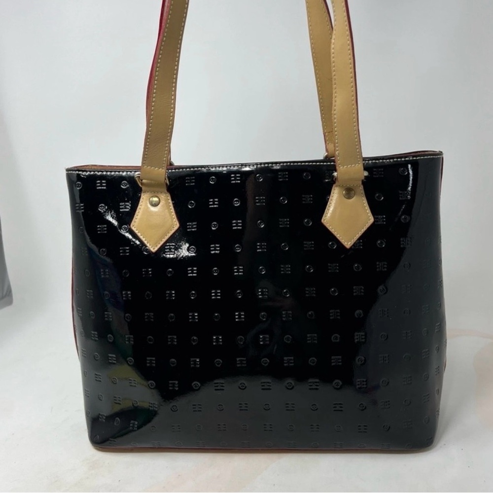 Arcadia Black Patent Tote with Tan Handles